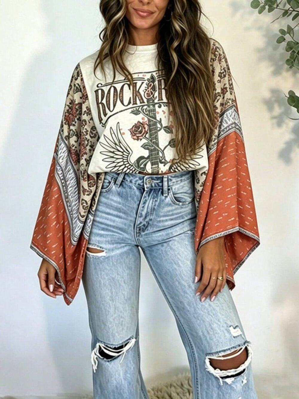 Orange Casual Women's Loose Fit Batwing Sleeve Round Neck Graphic Printed Top